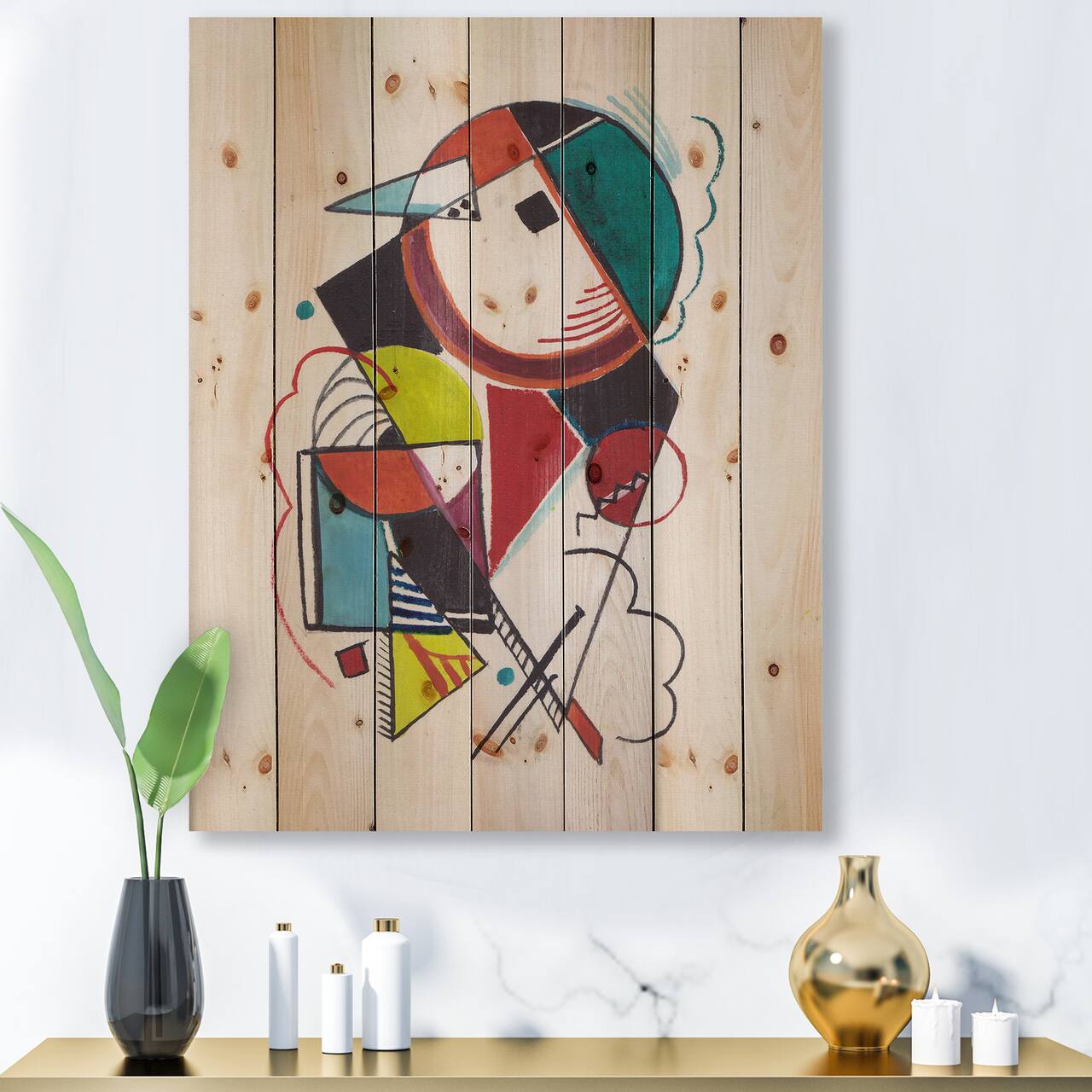 Designart - Colored Geometric Abstract Compositions II - Modern Print on Natural Pine Wood